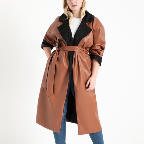 Eloquii Colorblocked Vegan Faux Leather Brown Leather Long Trench